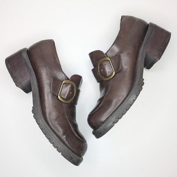 Vintage brown leather chunky platform loafers brass buckle made in Brazil size 7 - Picture 1 of 8